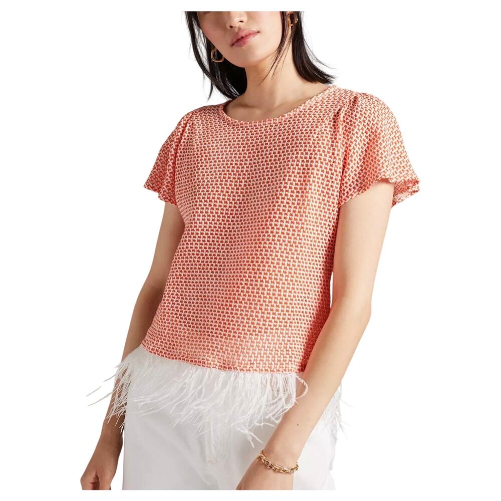 Anthropologie Eva Franco Orange White Short Sleeve Top Feathered Hem Large